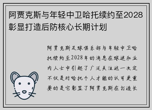 阿贾克斯与年轻中卫哈托续约至2028彰显打造后防核心长期计划